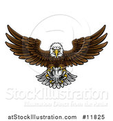 Vector Illustration of a Cartoon Swooping American Bald Eagle with a Soccer Ball in His Talons by AtStockIllustration