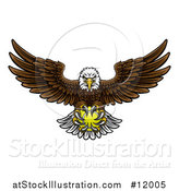 Vector Illustration of a Cartoon Swooping American Bald Eagle with a Tennis Ball in His Talons by AtStockIllustration