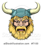 Vector Illustration of a Cartoon Tough Blond Male Viking Warrior Head with a Horned Helmet by AtStockIllustration