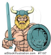Vector Illustration of a Cartoon Tough Muscular Blond Male Viking Warrior Holding a Sword and Shield by AtStockIllustration