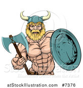 Vector Illustration of a Cartoon Tough Muscular Blond Male Viking Warrior Holding an Axe and Shield by AtStockIllustration