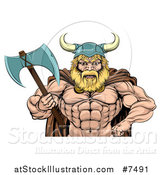 Vector Illustration of a Cartoon Tough Muscular Blond Male Viking Warrior Holding an Axe, from the Waist up by AtStockIllustration