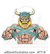 Vector Illustration of a Cartoon Tough Muscular Blond Male Viking Warrior Holding Crossed Swords, from the Waist up by AtStockIllustration