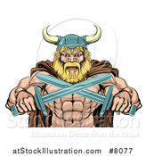 Vector Illustration of a Cartoon Tough Muscular Blond Male Viking Warrior in a Cape and Helmet, Holding Crossed Swords, from the Waist up by AtStockIllustration
