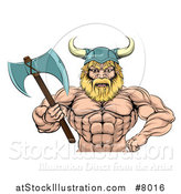 Vector Illustration of a Cartoon Tough Muscular Blond Male Viking Warrior Wearing a Cape and Holding a Battle Axe by AtStockIllustration