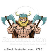 Vector Illustration of a Cartoon Tough Muscular Blond Male Viking Warrior Wearing a Cape and Holding Axes by AtStockIllustration