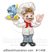 Vector Illustration of a Cartoon White Male Chef Gesturing Ok and Holding a Fish and Chips on a Tray by AtStockIllustration