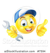 Vector Illustration of a Cartoon Yellow Emoji Emoticon Plumber or Mechanic Wearing a Baseball Cap, Holding a Wrench and Giving a T Humb up by AtStockIllustration