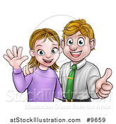 Vector Illustration of a Cartoon Young Caucasian Couple Waving and Giving a Thumb up by AtStockIllustration