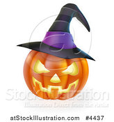 Vector Illustration of a Carved Halloween Jackolantern Pumpkin with a Purple Witch Hat by AtStockIllustration