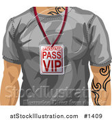 Vector Illustration of a Casual Man with Tattoos, Wearing a Gray T Shirt and a Vip Backstage Pass Around His Neck by AtStockIllustration