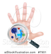 Vector Illustration of a Caucasian Antibacterial Hand with Germs, a Shield and Magnifying Glass by AtStockIllustration