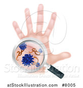 Vector Illustration of a Caucasian Antibacterial Hand with Germs, and Viruses Through a Magnifying Glass by AtStockIllustration