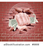 Vector Illustration of a Caucasian Hand Fisted and Holding Cash Money, Breaking Through a Red Brick Wall by AtStockIllustration