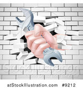 Vector Illustration of a Caucasian Hand Gripping a Wrench and Breaking Through a White Brick Wall by AtStockIllustration