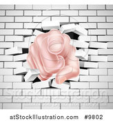 Vector Illustration of a Caucasian Hand Pointing Outwards, Breaking Through a White Brick Wall by AtStockIllustration