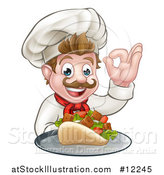 Vector Illustration of a Caucasian Male Chef Holding a Kebab Sandwich on a Tray and Gesturing Okay by AtStockIllustration