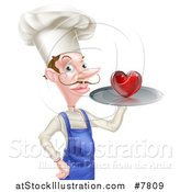 Vector Illustration of a Caucasian Male Chef with a Curling Mustache, Holding a Heart on a Tray by AtStockIllustration