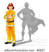 Vector Illustration of a Caucasian Male Fireman with Folded Arms and a Super Hero Shadow by AtStockIllustration