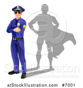 Vector Illustration of a Caucasian Male Police Officer Standing with Folded Arms and a Super Hero Shadow by AtStockIllustration