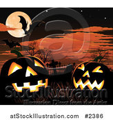 Vector Illustration of a Cemetery Under a Full Moon with Jackolanterns and Bats by AtStockIllustration