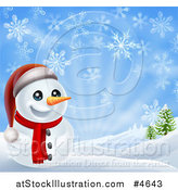 Vector Illustration of a Cheerful Snowman in a Hilly Landscape with Snowflakes by AtStockIllustration