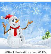 Vector Illustration of a Cheerful Snowman in a Scarf and Top Hat in a Winter Landscape by AtStockIllustration