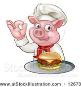 Vector Illustration of a Chef Pig Holding a Cheese Burger on a Tray and Gesturing Okay by AtStockIllustration