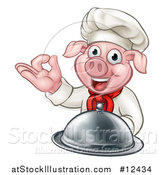 Vector Illustration of a Chef Pig Holding a Cloche and Gesturing Okay by AtStockIllustration