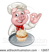 Vector Illustration of a Chef Pig Holding a Cupcake on a Tray and Gesturing Okay by AtStockIllustration