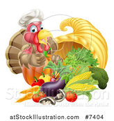 Vector Illustration of a Chef Turkey Bird Giving a Thumb up over a Pumpkin and Harvest Cornucopia by AtStockIllustration