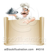 Vector Illustration of a Chef with a Mustache, Holding a Platter and Pointing down at a Scroll Sign by AtStockIllustration