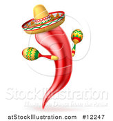 Vector Illustration of a Chili Pepper Mascot Wearing a Mexican Sombrero and Shaking Maracas by AtStockIllustration