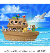 Vector Illustration of a Christian Bible Story Scene of Noah on His Ark with the White Dove Returning with the Olive Branch by AtStockIllustration