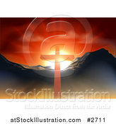 Vector Illustration of a Christian Crucifix Against a Sunset and Mountains by AtStockIllustration