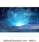 Vector Illustration of a Christian Easter Background of Crosses on Calvary Hill Against Blue Sunshine by AtStockIllustration
