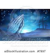 Vector Illustration of a Christian Easter Background of Praying Hands over Two Thieves Crosses on Calvary Hill by AtStockIllustration