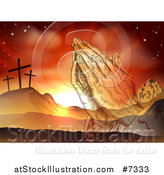 Vector Illustration of a Christian Easter Background of Praying Hands over Two Thieves Crosses on Calvary Hill Outside the City Walls of Bethlehem by AtStockIllustration