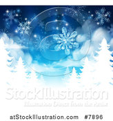 Vector Illustration of a Christmas Background of Snowflakes Falling down over White Evergreen Winter Trees in Blue TonesChristmas Background of Snowflakes Falling down over White Evergreen Winter Trees in Blue Tones by AtStockIllustration