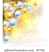 Vector Illustration of a Christmas Background with 3d Bauble Ornaments over Golden Magic Lights and Flares by AtStockIllustration