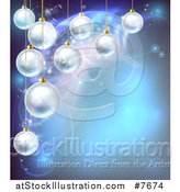 Vector Illustration of a Christmas Background with 3d Suspended Bauble Ornaments over Blue Magic Lights by AtStockIllustration