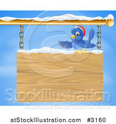 Vector Illustration of a Christmas Bluebird Perched in Snow and Presenting a Hanging Wood Sign Against a Sky by AtStockIllustration