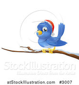 Vector Illustration of a Christmas Bluebird Wearing a Santa Hat and Perched on a Branch with Snow by AtStockIllustration