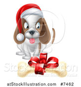 Vector Illustration of a Christmas Puppy Dog Sitting and Looking at a Gift Bone by AtStockIllustration