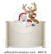 Vector Illustration of a Christmas Red Nosed Reindeer and Santa Pointing down over a Scroll Sign by AtStockIllustration