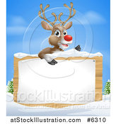 Vector Illustration of a Christmas Red Nosed Reindeer over a Wood Sign in the Snow by AtStockIllustration
