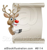 Vector Illustration of a Christmas Red Nosed Rudolph Reindeer Presenting a Blank Scroll Sign by AtStockIllustration