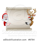 Vector Illustration of a Christmas Reindeer and Santa Claus Pointing Around a Blank Scroll Sign by AtStockIllustration