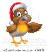 Vector Illustration of a Christmas Robin in a Santa Hat, Pointing to the Right by AtStockIllustration