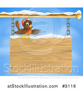 Vector Illustration of a Christmas Robin Presenting on a Wooden Shingle Sign with Snow by AtStockIllustration